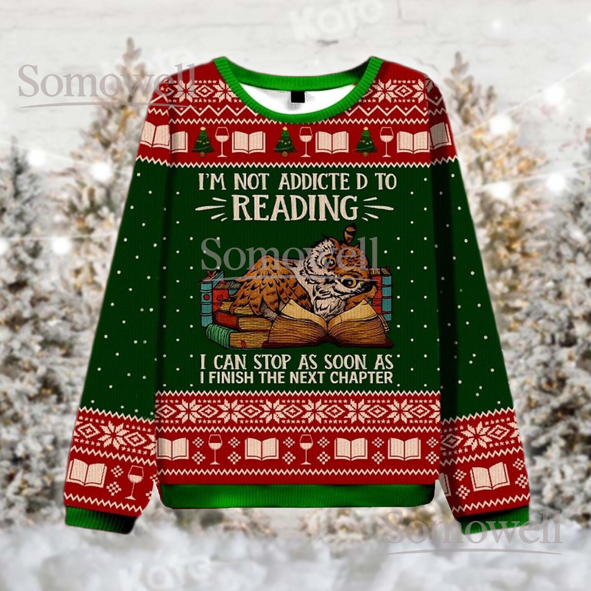 I’m Not Addicted To Reading Owl Green Christmas Ugly Sweater Book Lover Holiday Knit Jumper