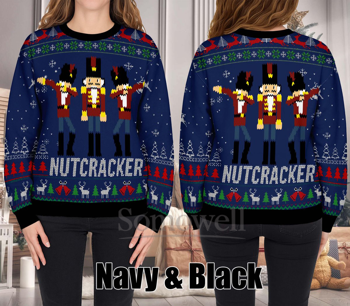 Nutcracker Christmas Navy Ugly Sweater Funny Soldier Dance Pattern Holiday Knit Jumper