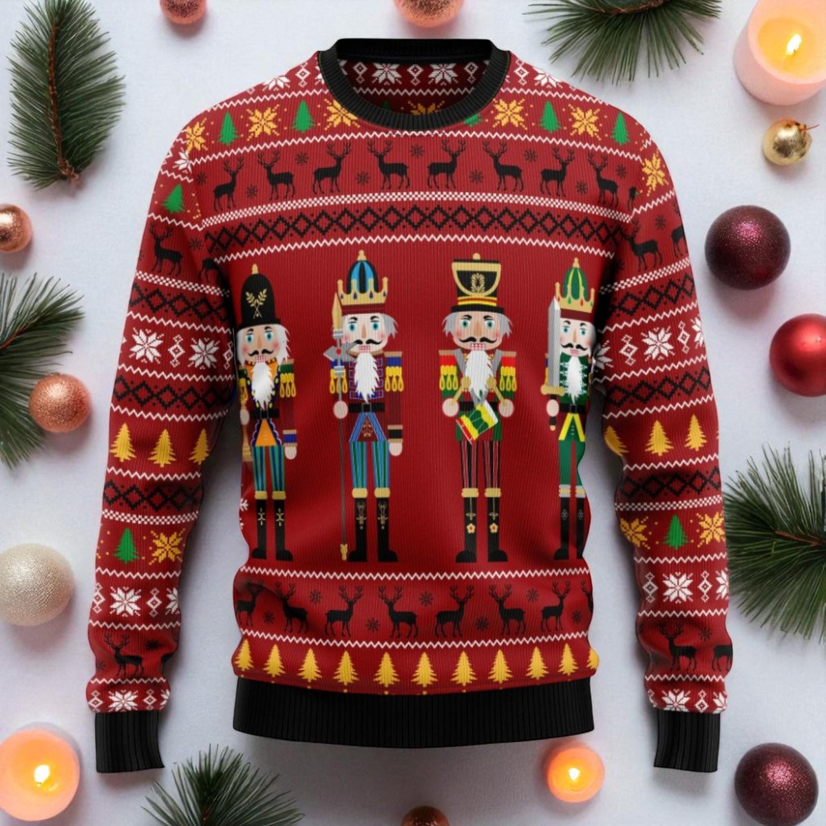 Nutcracker Red Ugly Christmas Sweater Classic Soldier Pattern Festive Holiday Knit Jumper