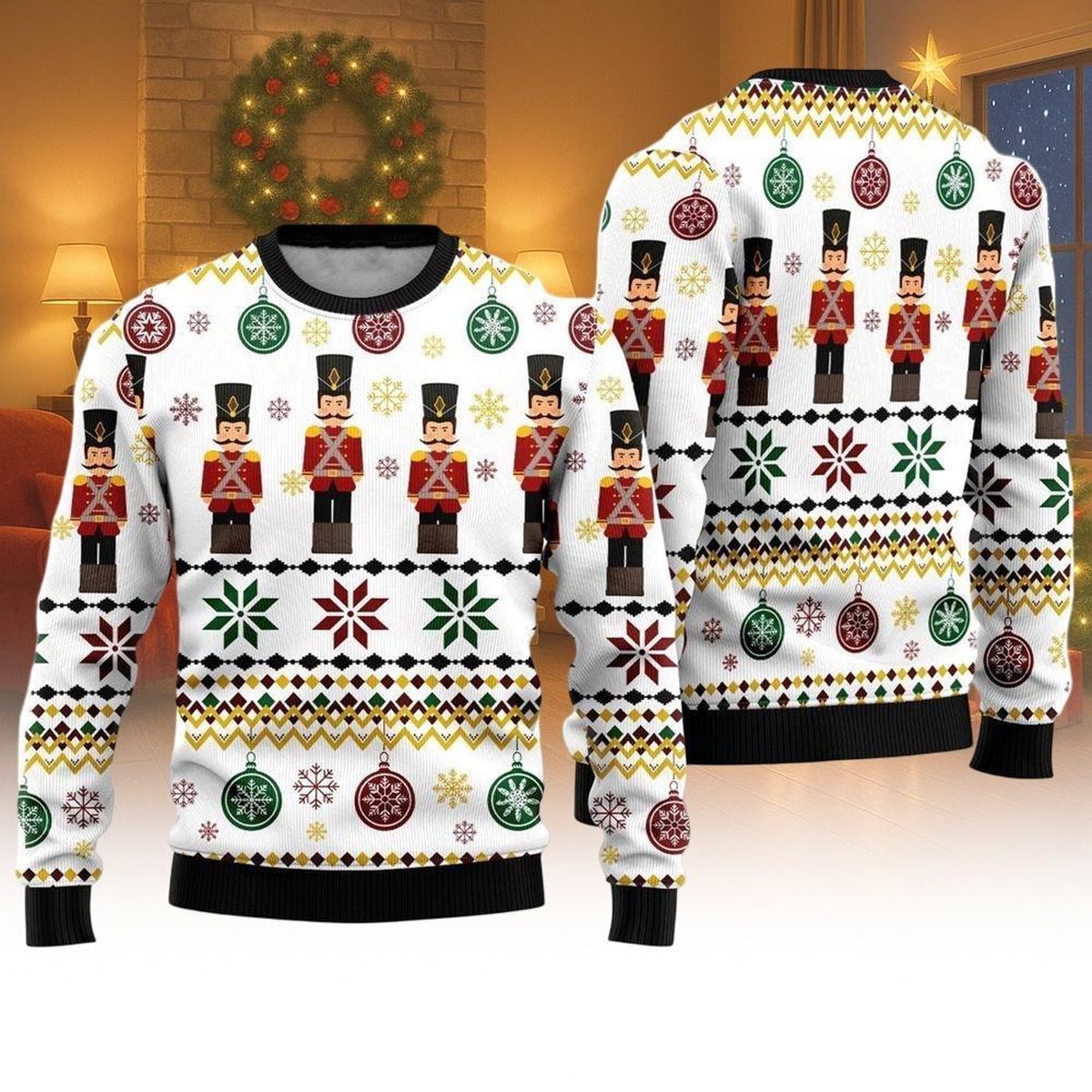 Nutcracker Christmas White Ugly Sweater Soldier Pattern Ornament Holiday Knit Jumper