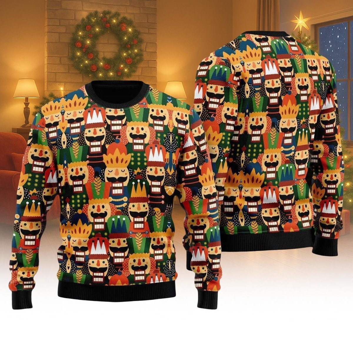 Nutcracker Pattern Christmas Colorful Ugly Sweater Funny Holiday Soldiers Knit Jumper