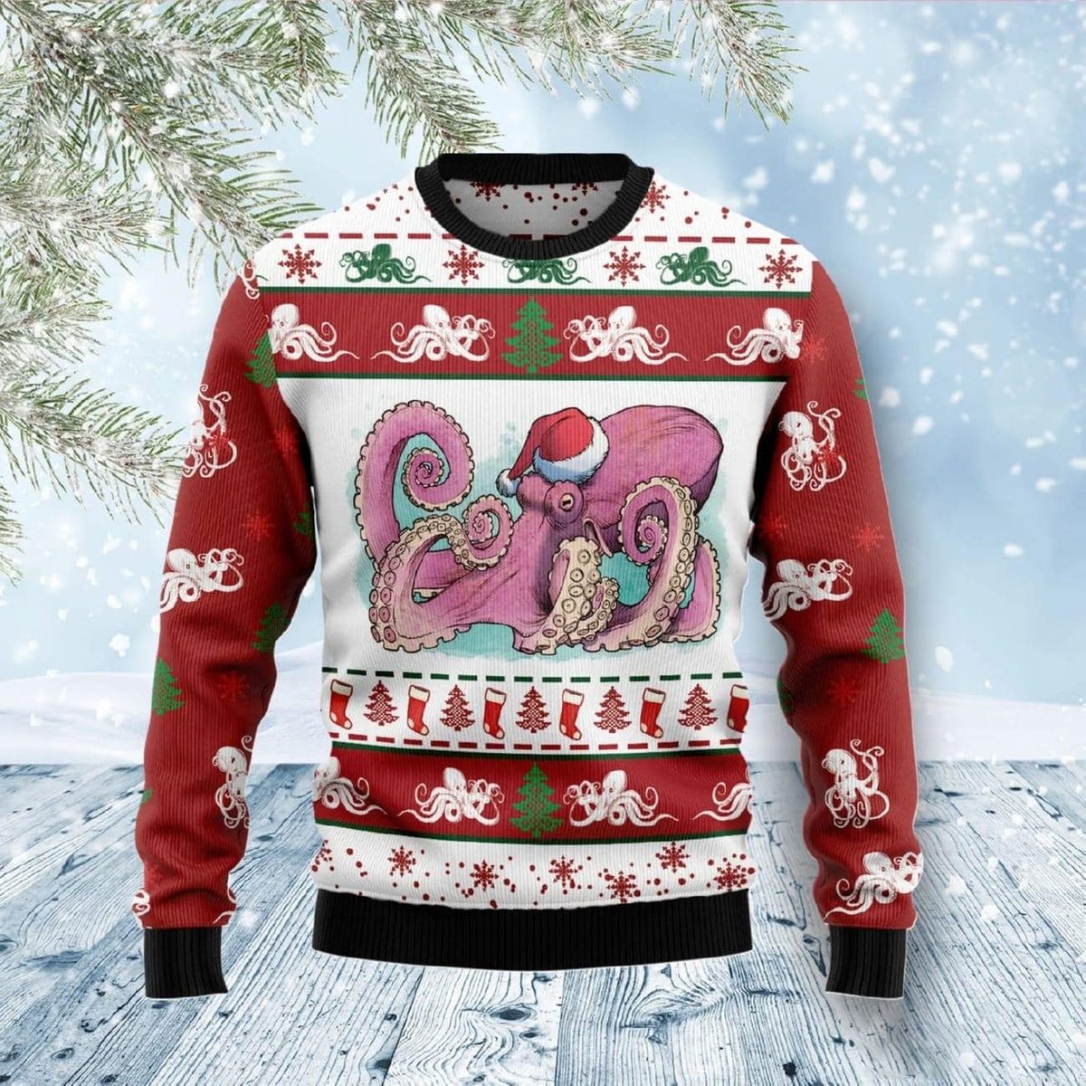 Octopus Santa Hat Ugly Christmas Sweater Funny Sea Animal Holiday Gift Pullover for Men Women