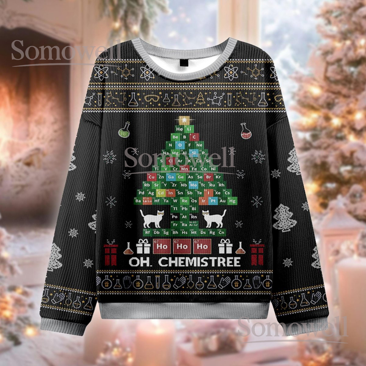 Oh Chemistree Black Science Christmas Ugly Sweater Chemistry Periodic Table Tree Knit Jumper
