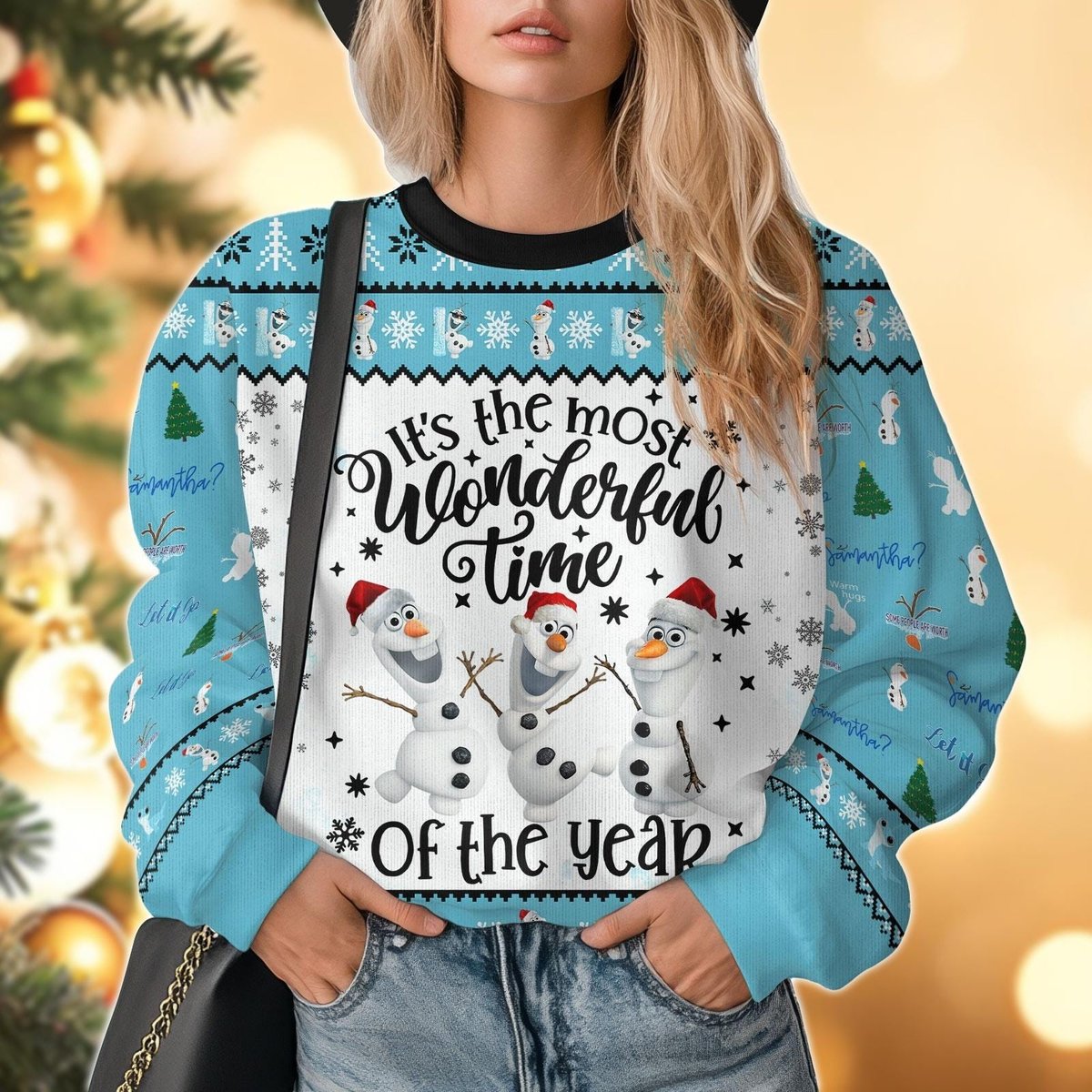 Olaf The Snowman Blue Wonderful Time Ugly Christmas Sweater Funny Holiday Gift