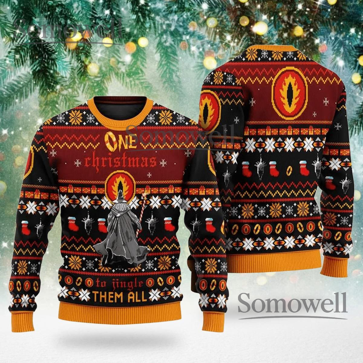 One Christmas to Jingle Them All Black Orange Ugly Christmas Sweater Gandalf Knit Jumper