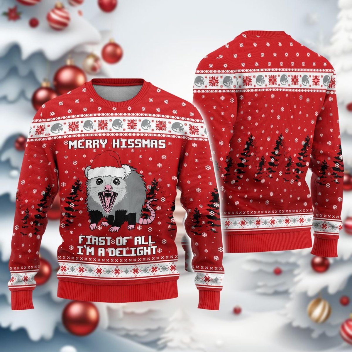 Merry Hissmas Red Christmas Ugly Sweater Funny Opossum Animal Holiday Knit Jumper