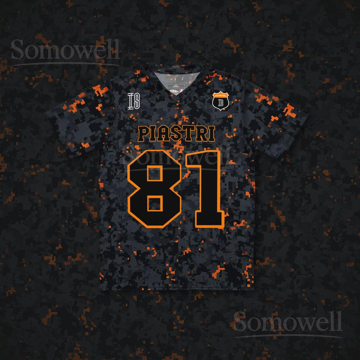 Custom Oscar Piastri McLaren F1 Football Jersey Shirt for Formula 1 Fans Black and Papaya Camo Motorsport Racing Apparel