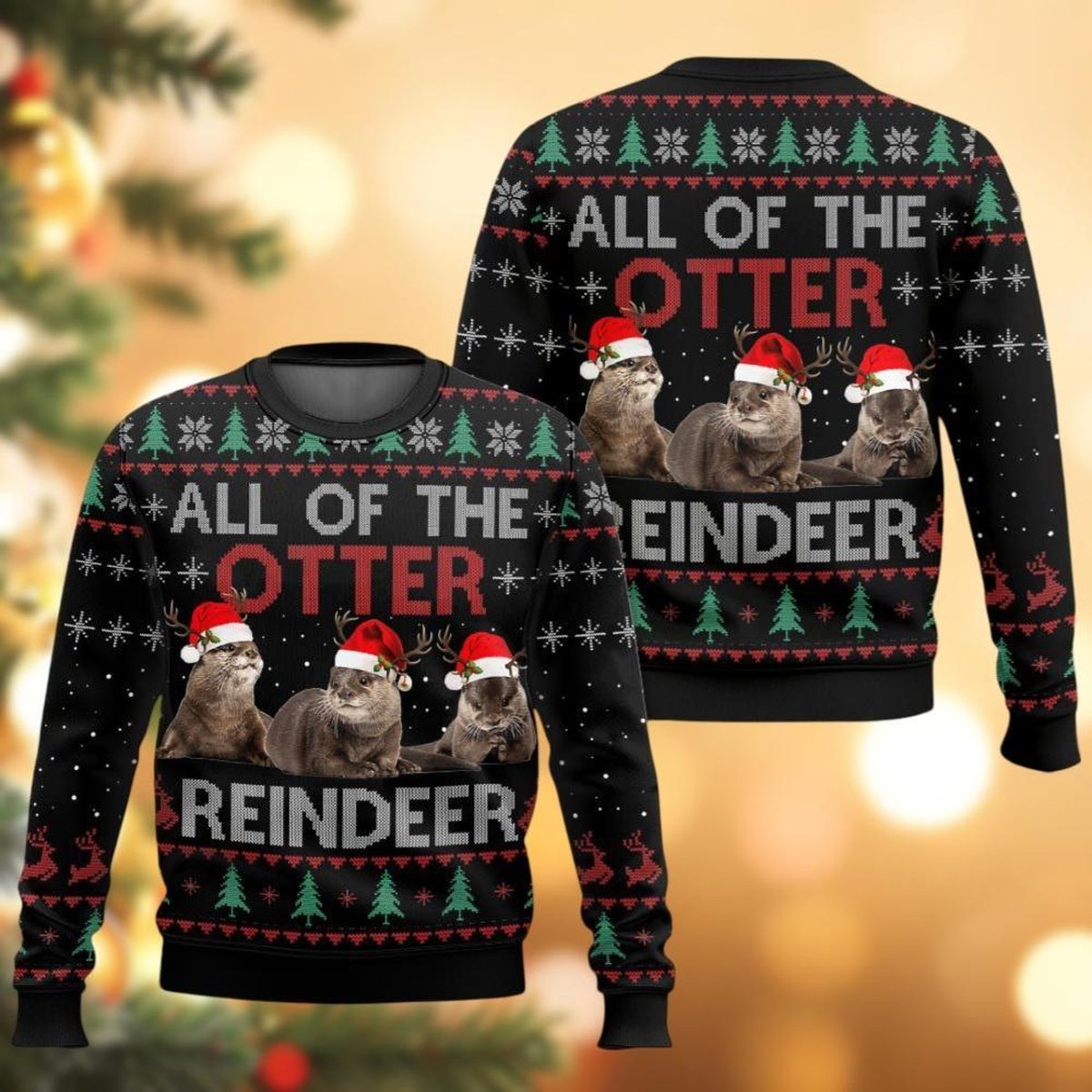 Otters Reindeer Black Ugly Christmas Sweater Funny Animal Holiday Knit Gift