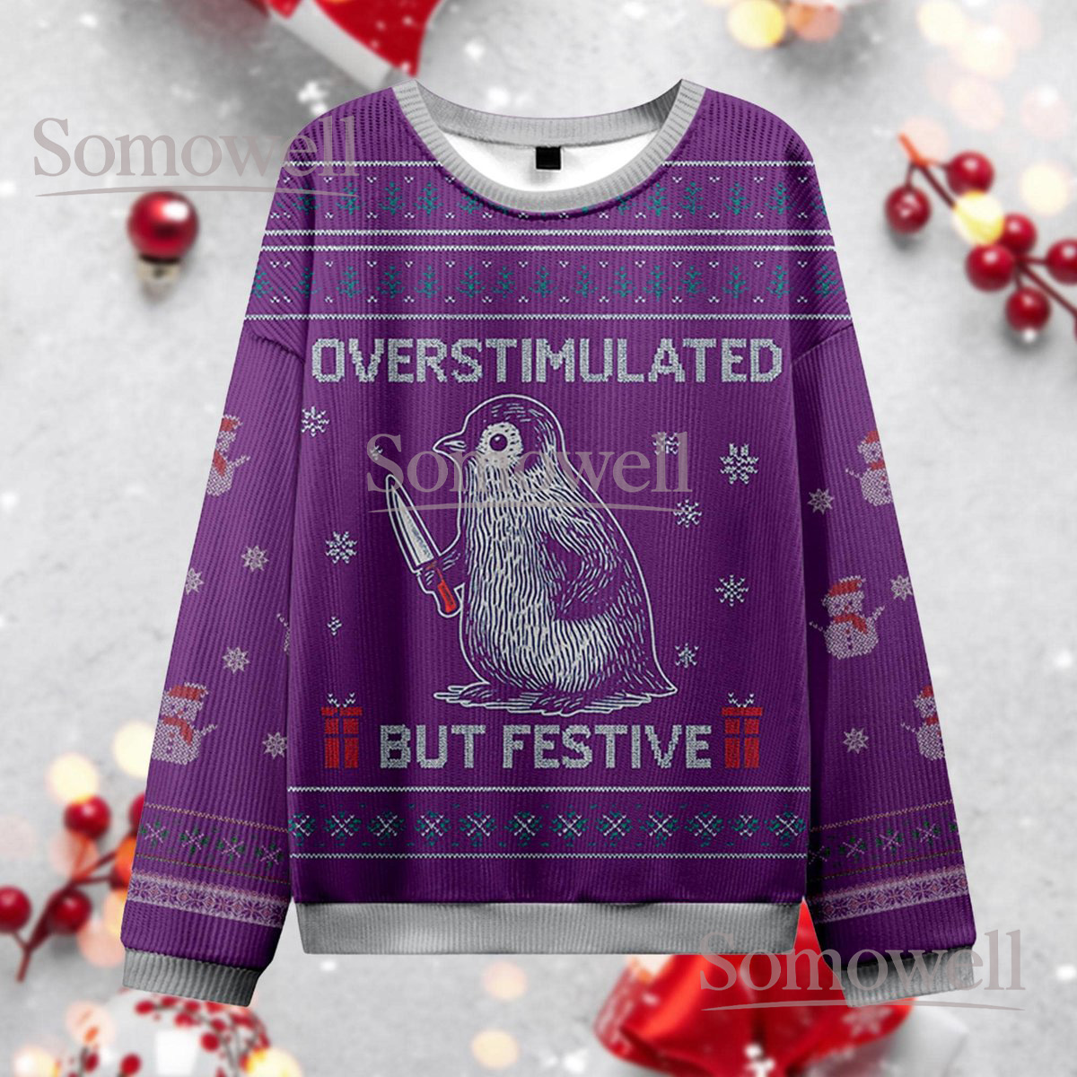 Overstimulated But Festive Penguin Ugly Christmas Sweater Funny Introvert Holiday Knit Jumper (Purple)