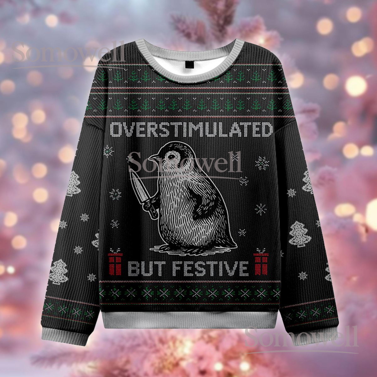 Overstimulated But Festive Black Christmas Ugly Sweater Penguin Funny Holiday Knit Jumper