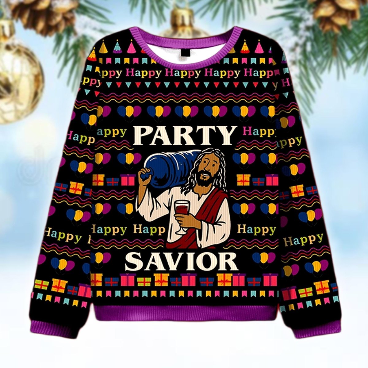 Party Savior Ugly Sweater Funny Jesus Wine Celebration Christmas Gift