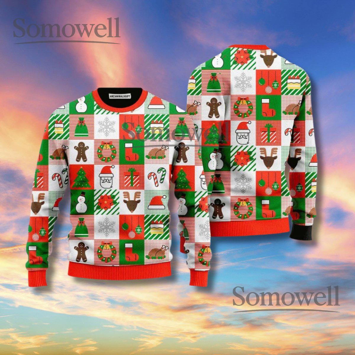 Patchwork Christmas Sweater Red Green Icons Gingerbread Reindeer Unisex Ugly Knit