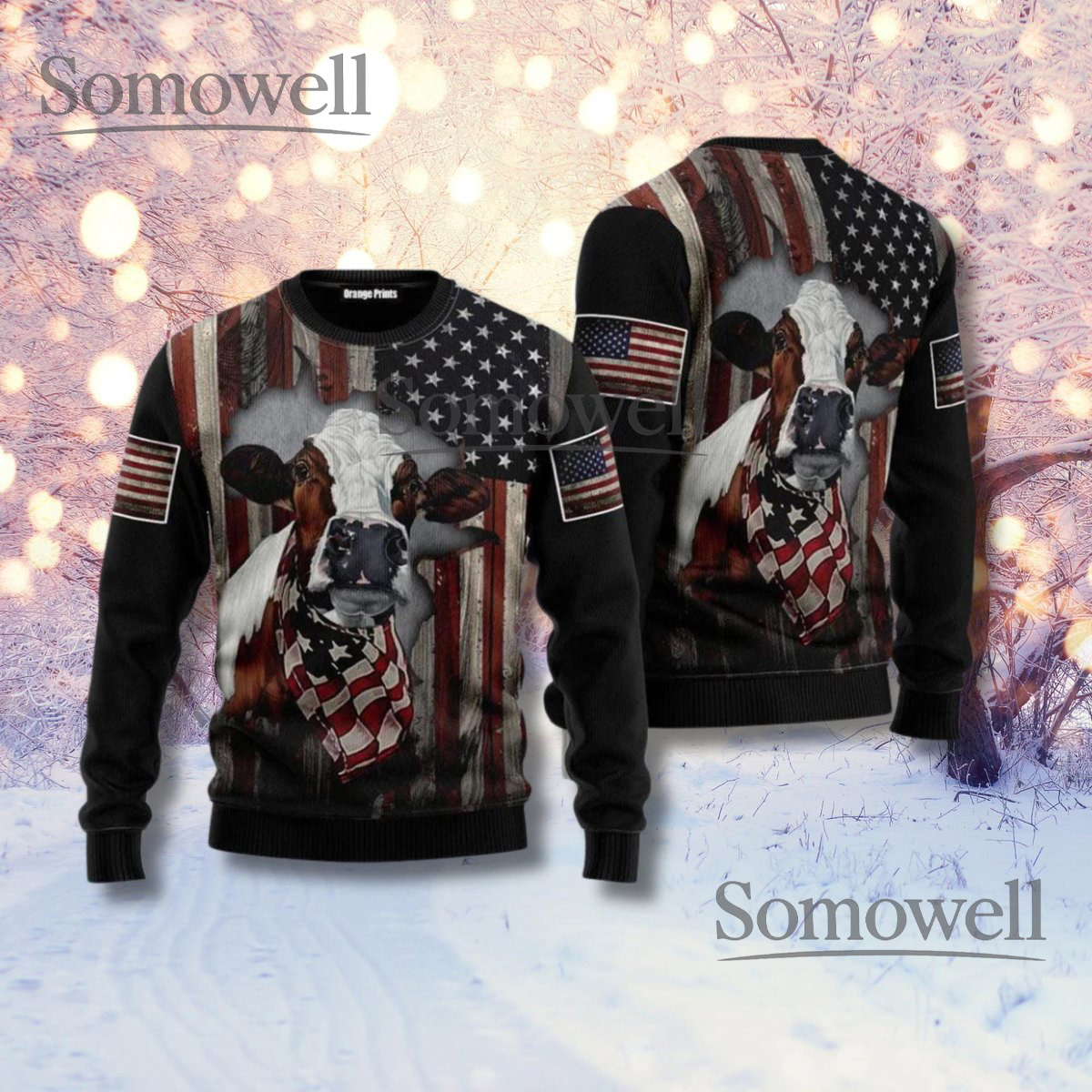 Patriotic Cow Christmas Sweater American Flag Heifer Holiday Pullover Unisex Gift