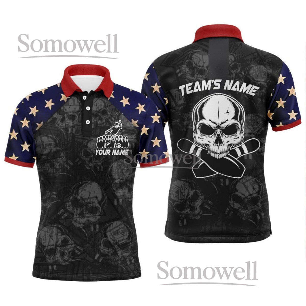 Personalized Patriotic Skull Bowling Polo Shirt with Custom Name and Team Name, Bold American Theme