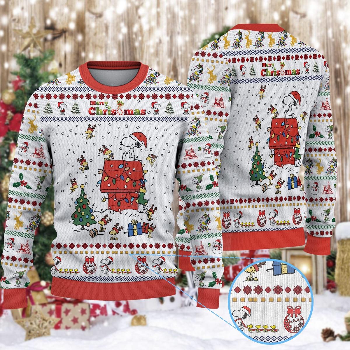 Snoopy White Christmas Ugly Sweater Doghouse Festive Lights Holiday Knit Jumper