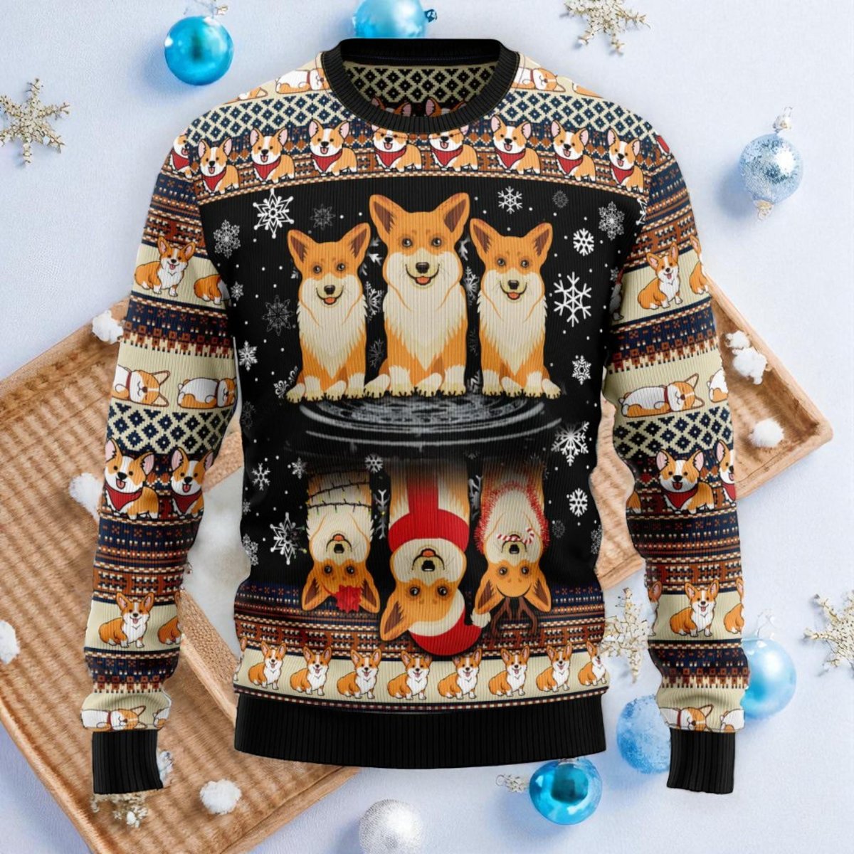 Pembroke Welsh Corgi Black Ugly Christmas Sweater Cute Dog Pattern Holiday Knit Jumper