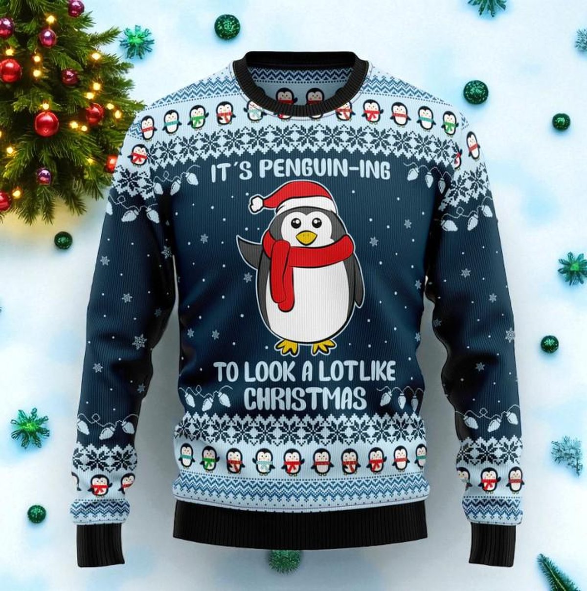 It’s Penguin-ing to Look a Lot Like Christmas Navy Ugly Christmas Sweater Cute Penguin Holiday Knit Jumper