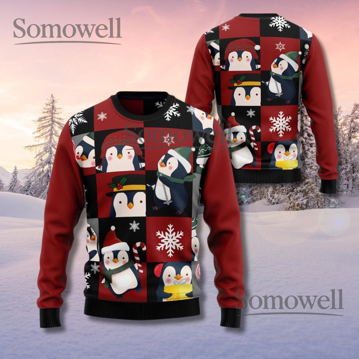 Penguin Patchwork Ugly Christmas Sweater - Red Holiday Knit Jumper