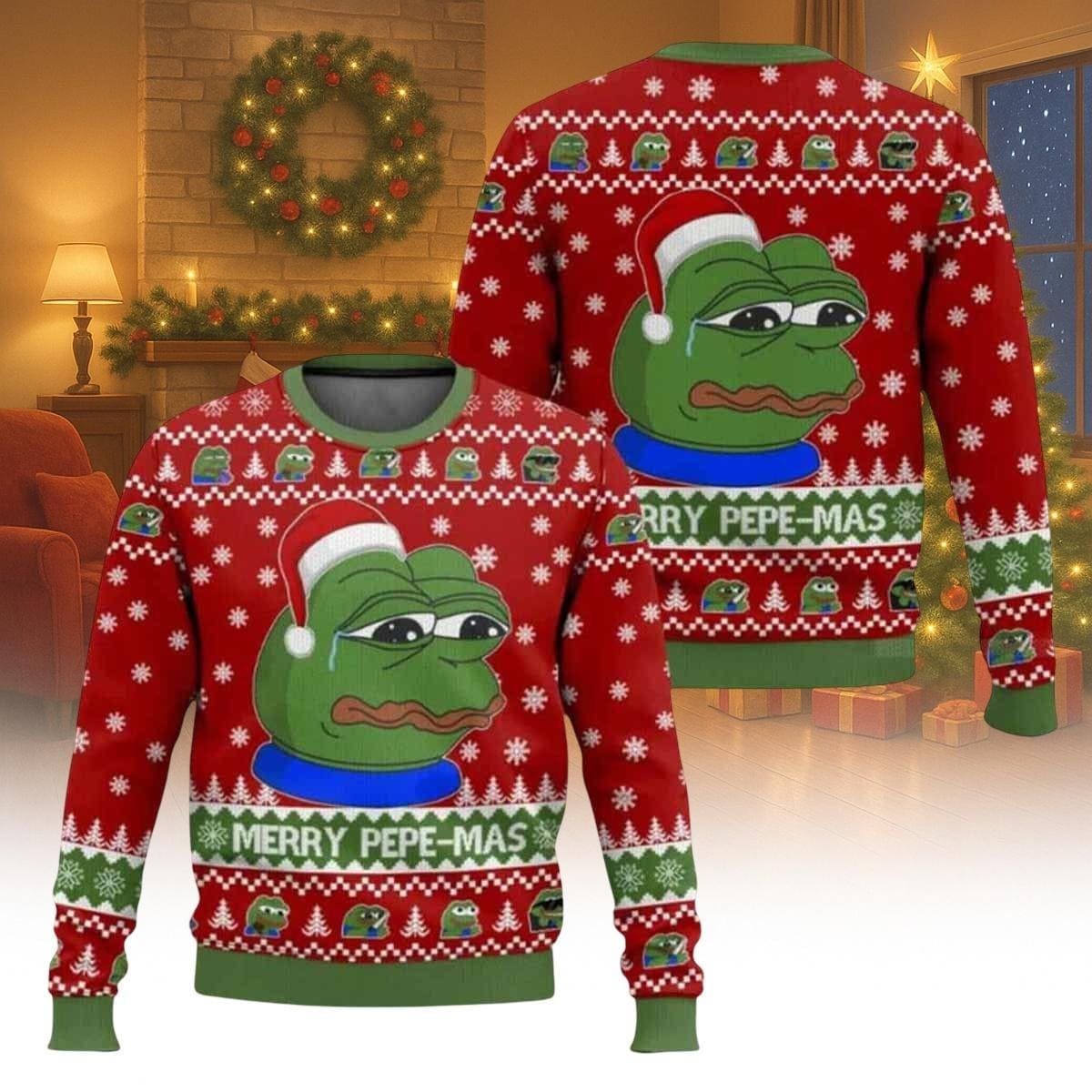 Pepe Meme Christmas Red Ugly Sweater Merry Pepemas Funny Frog Holiday Knit Jumper