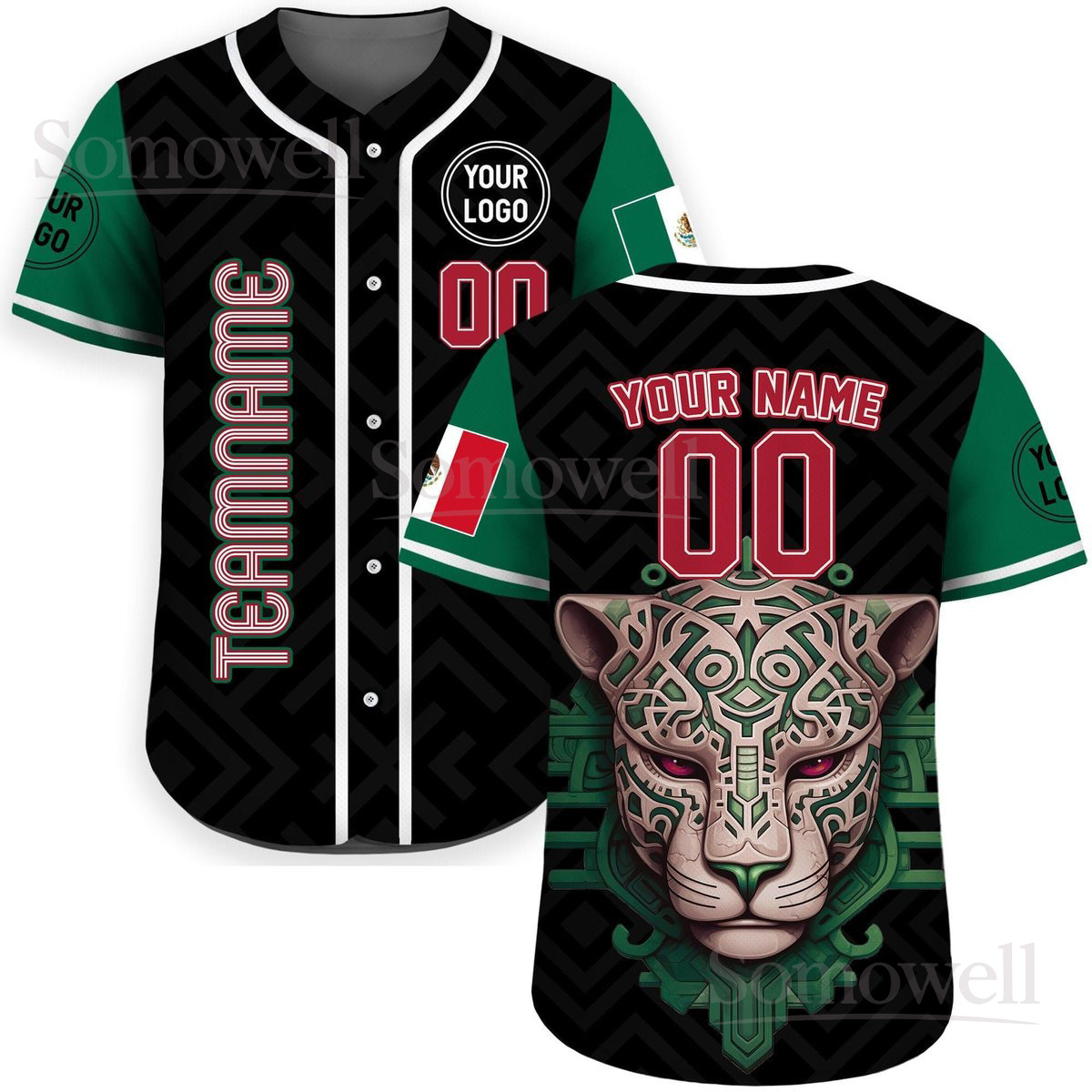 Custom Mexico Baseball Jersey Shirt for Men Women and Youth Fans Personalized Green and Black Flag Design with Name and Number