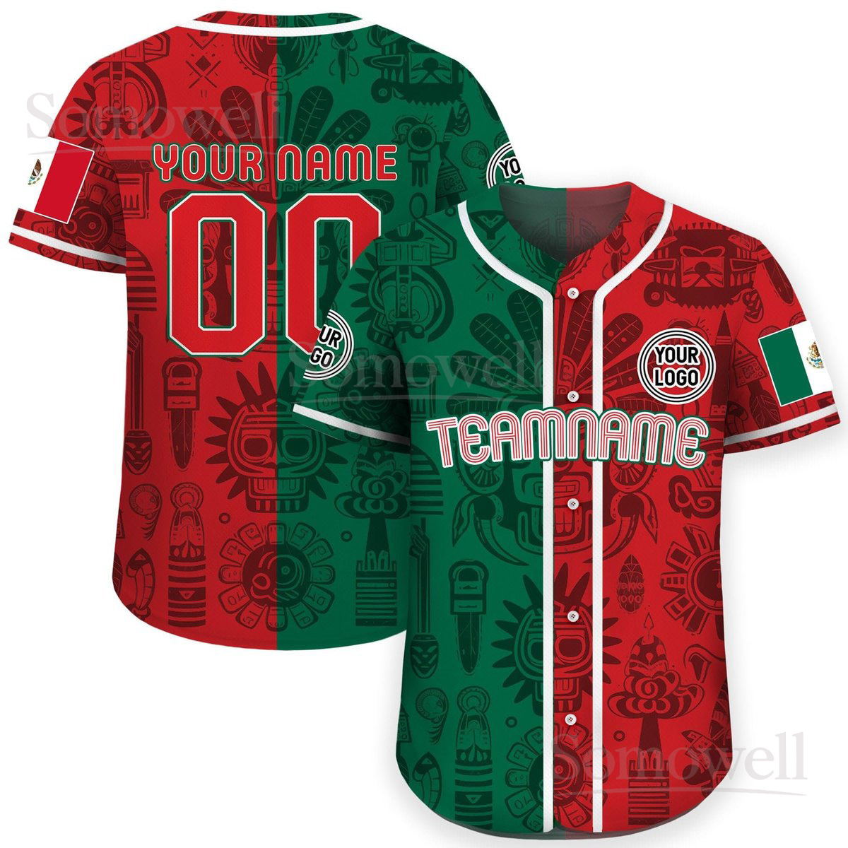 Personalized Mexican Flag Baseball Jersey with Custom Team Name and Number
