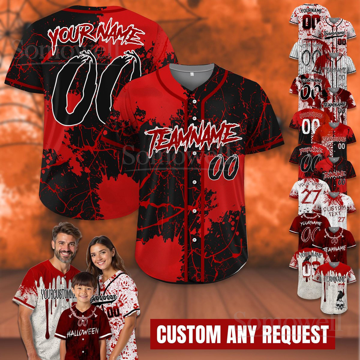 Custom Blood Splatter Halloween Costume Baseball Jersey Personalized Team Name and Number Edition