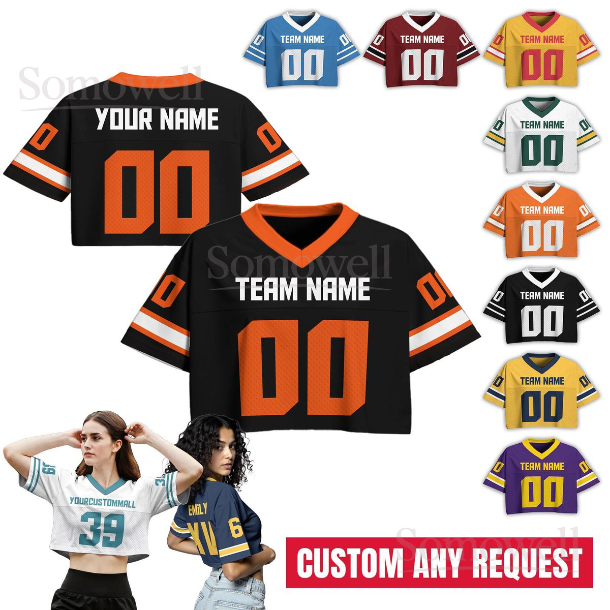 Personalized Crop Football Jersey Custom Team Name Number for Women Stylish Game Day Outfit Multi Color Edition