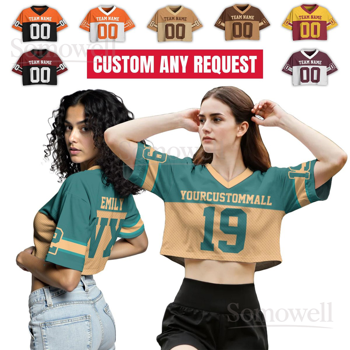 Personalized Women's Crop Top Football Concert Jersey, Custom Team Name and Number for Adults & Kids
