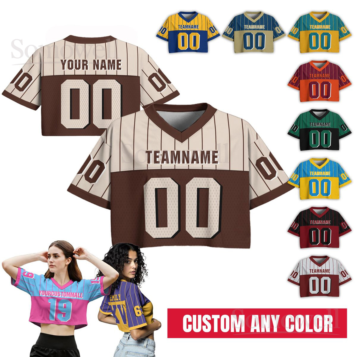 Personalize Womens Pinstripe Cropped Football Jersey Many Colors Custom Name Number Sportswear