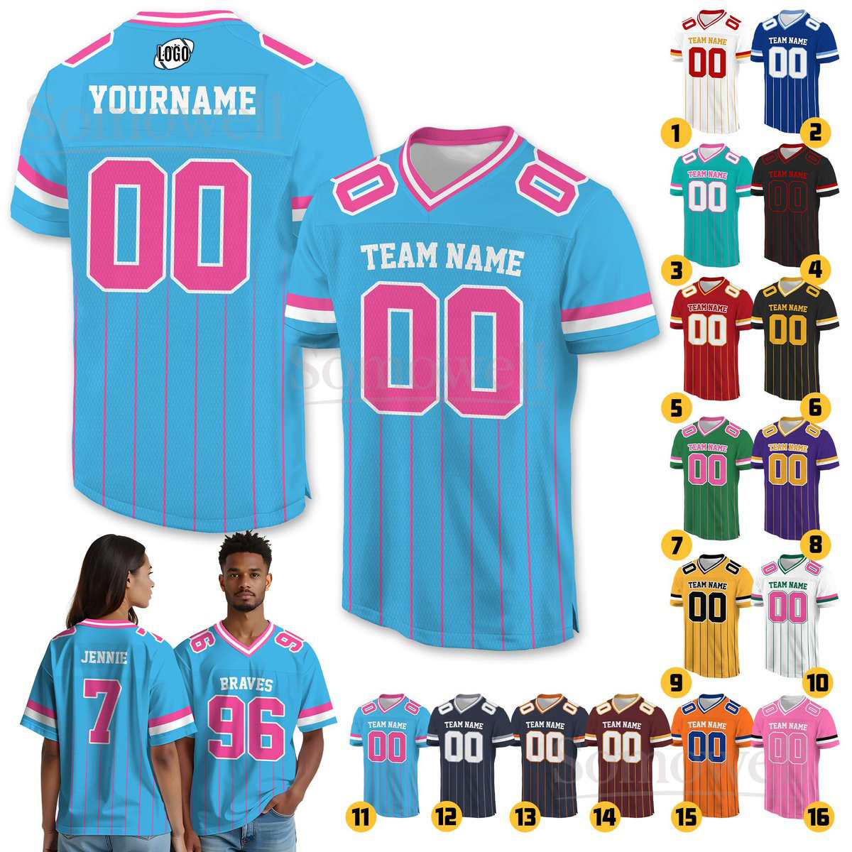 Personalized American Football Jersey for Men Women Youth Preschool with Team Name Multi Color Edition