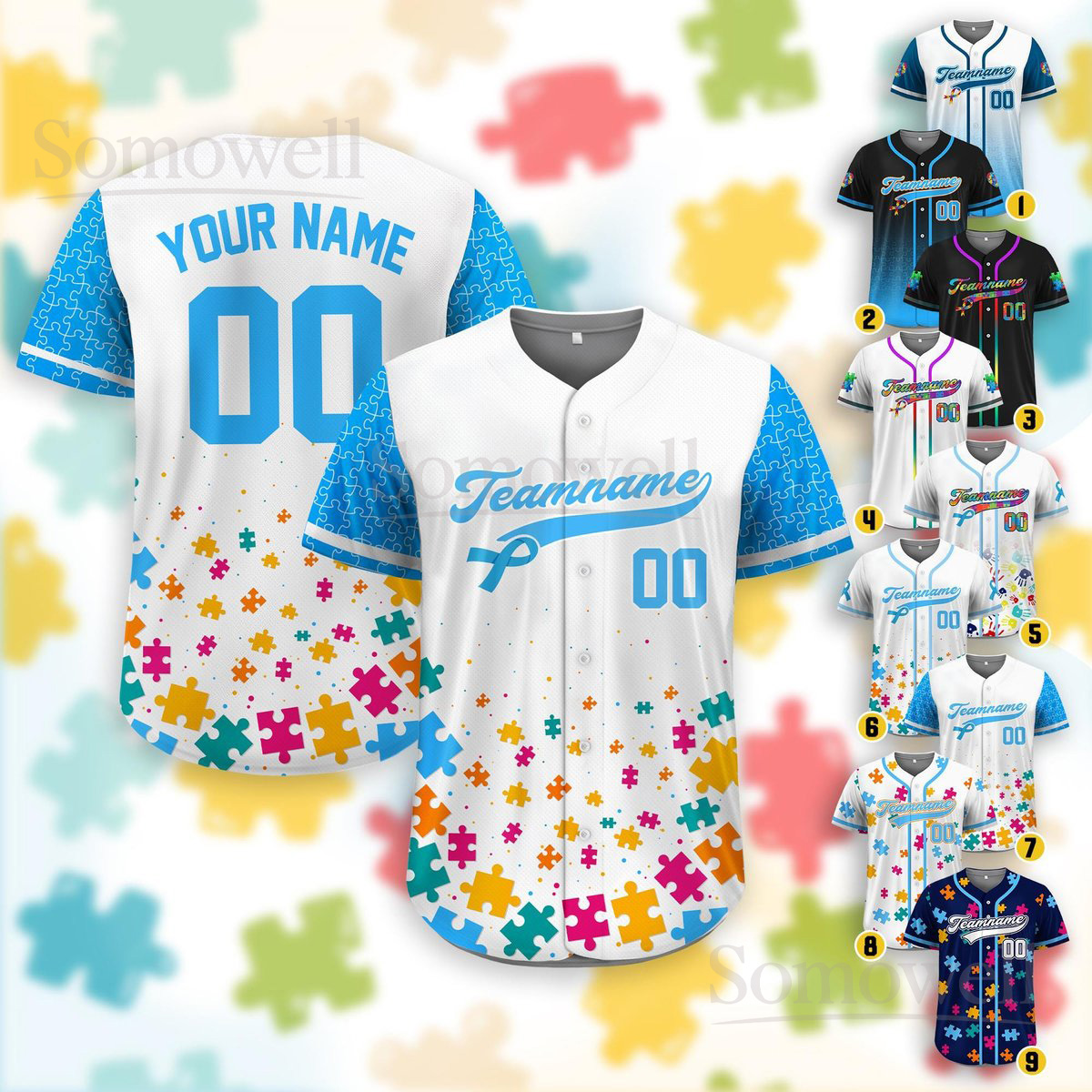 Personalized Autism Awareness Baseball Jersey Many Colors Puzzle Pattern Team Game Shirt