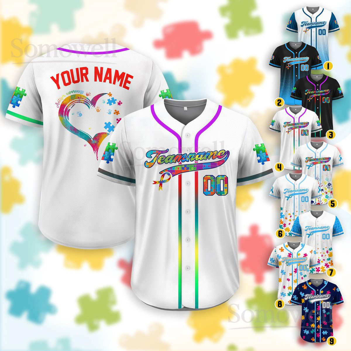 Personalized Autism Awareness Baseball Jersey Puzzle Heart Custom Team Name Number Shirt Multi Color Edition