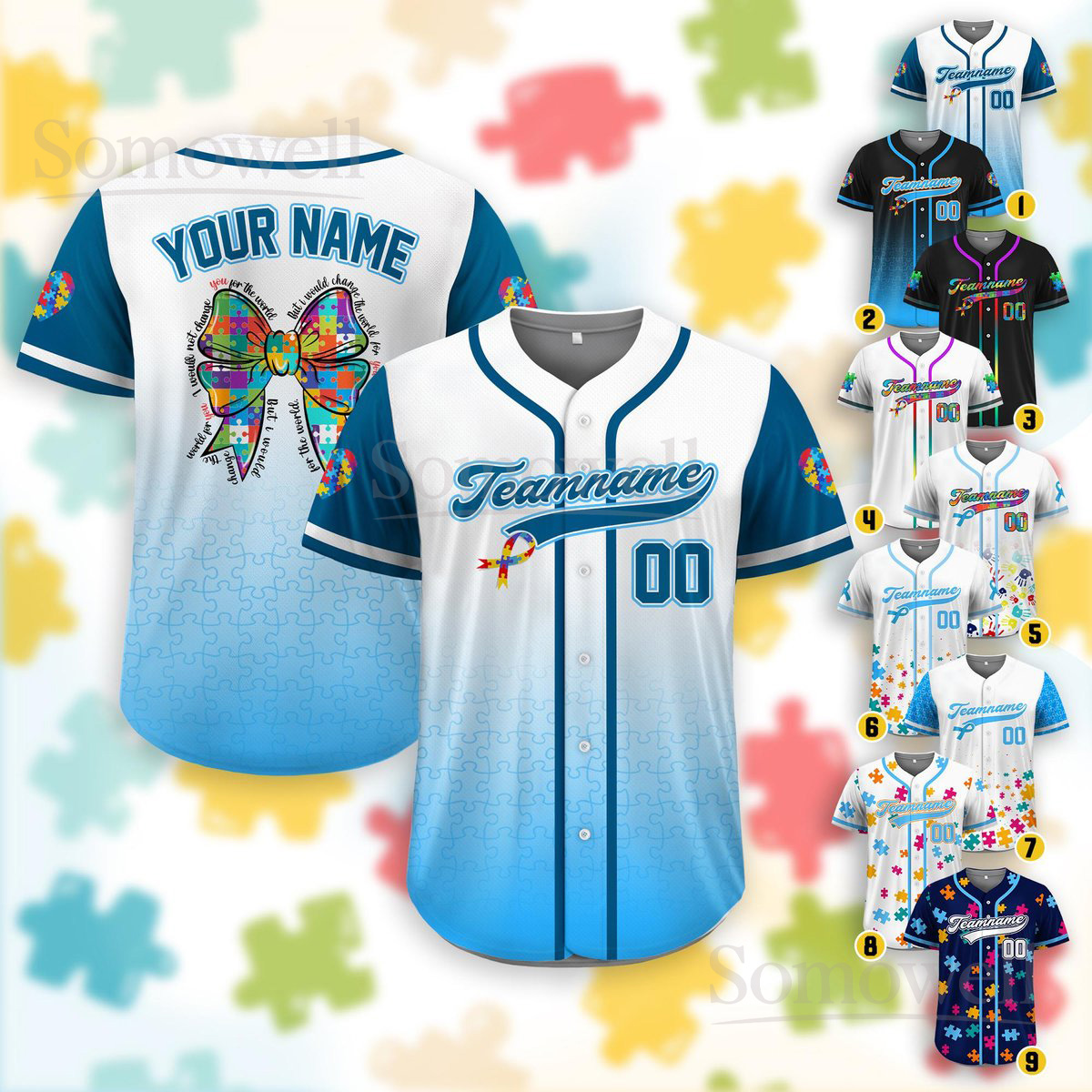 Personalized Autism Awareness Baseball Jersey Many Colors Custom Puzzle Pattern Team Shirt