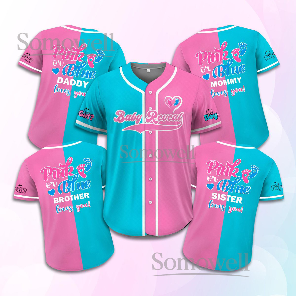 Personalized Baby Reveal Baseball Jersey for Men, Women, and Kids with Custom Name and Number in Multiple Colors