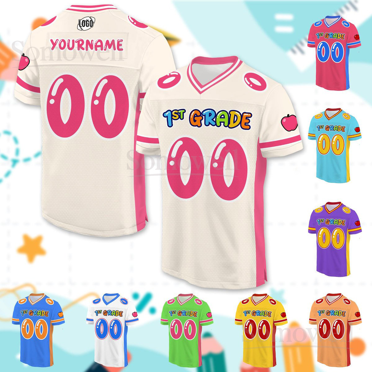 Personalized Back To School Football Jersey for Kids Custom Name First Grade Shirt Multi Color Edition