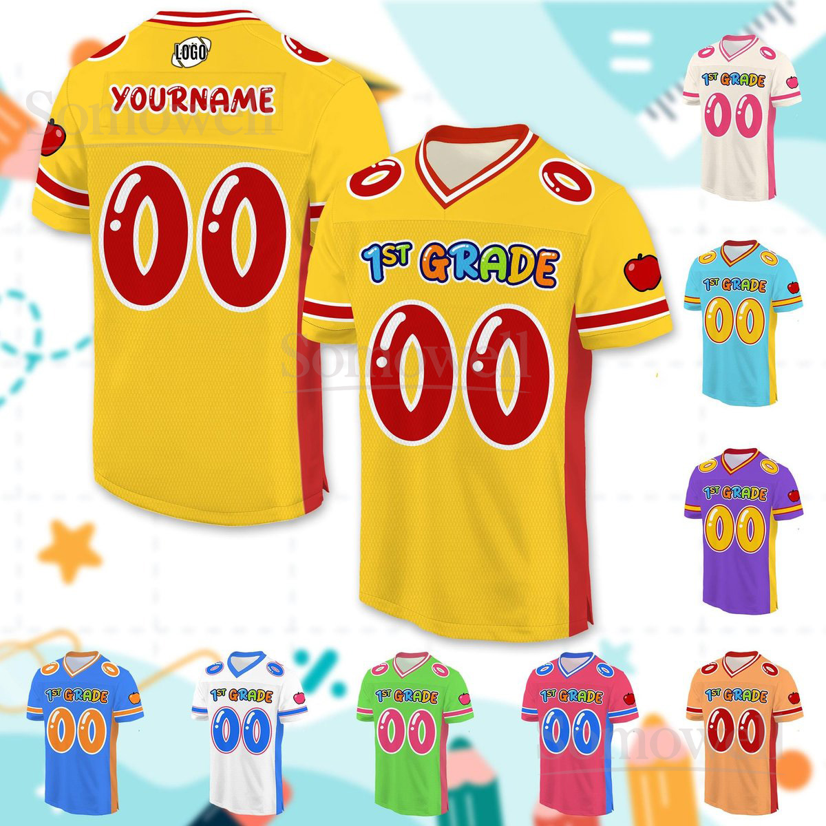 Personalized Back To School Football Jersey for Kids Custom 1st Grade Student Shirt Multi Color Edition