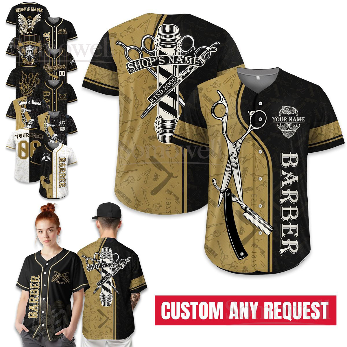 Personalized Barber Baseball Jersey Custom Shop Name Scissor Print Uniform for Men Women and Kids