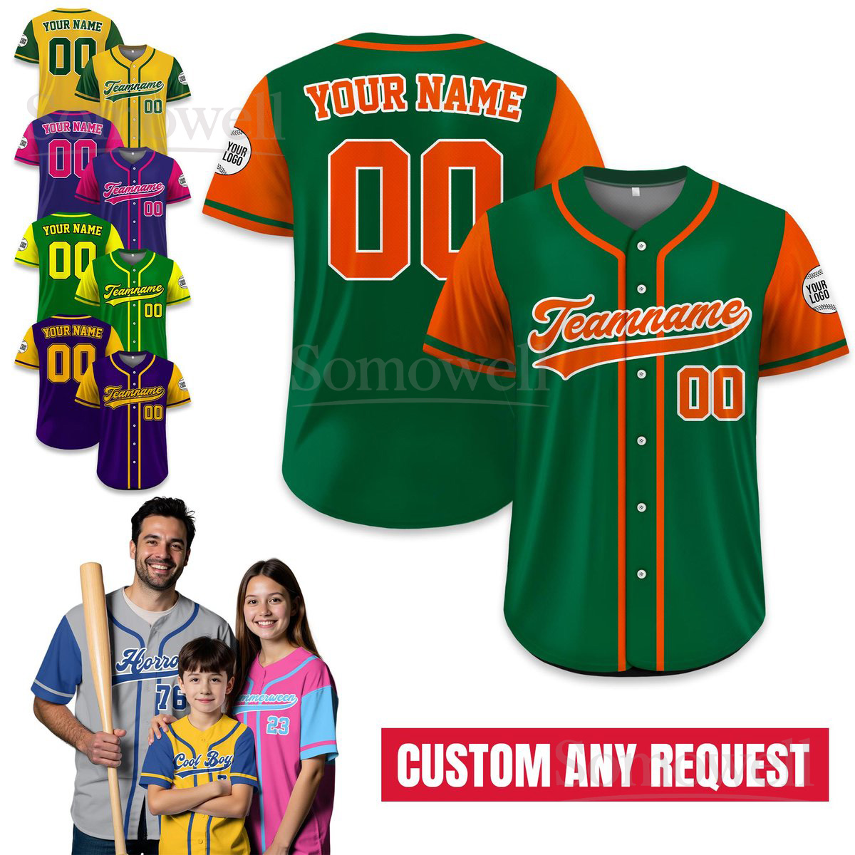 Custom Baseball Jersey Gradient with Teamname Name Number Logo Multiple Colors Available in Multiple Colors