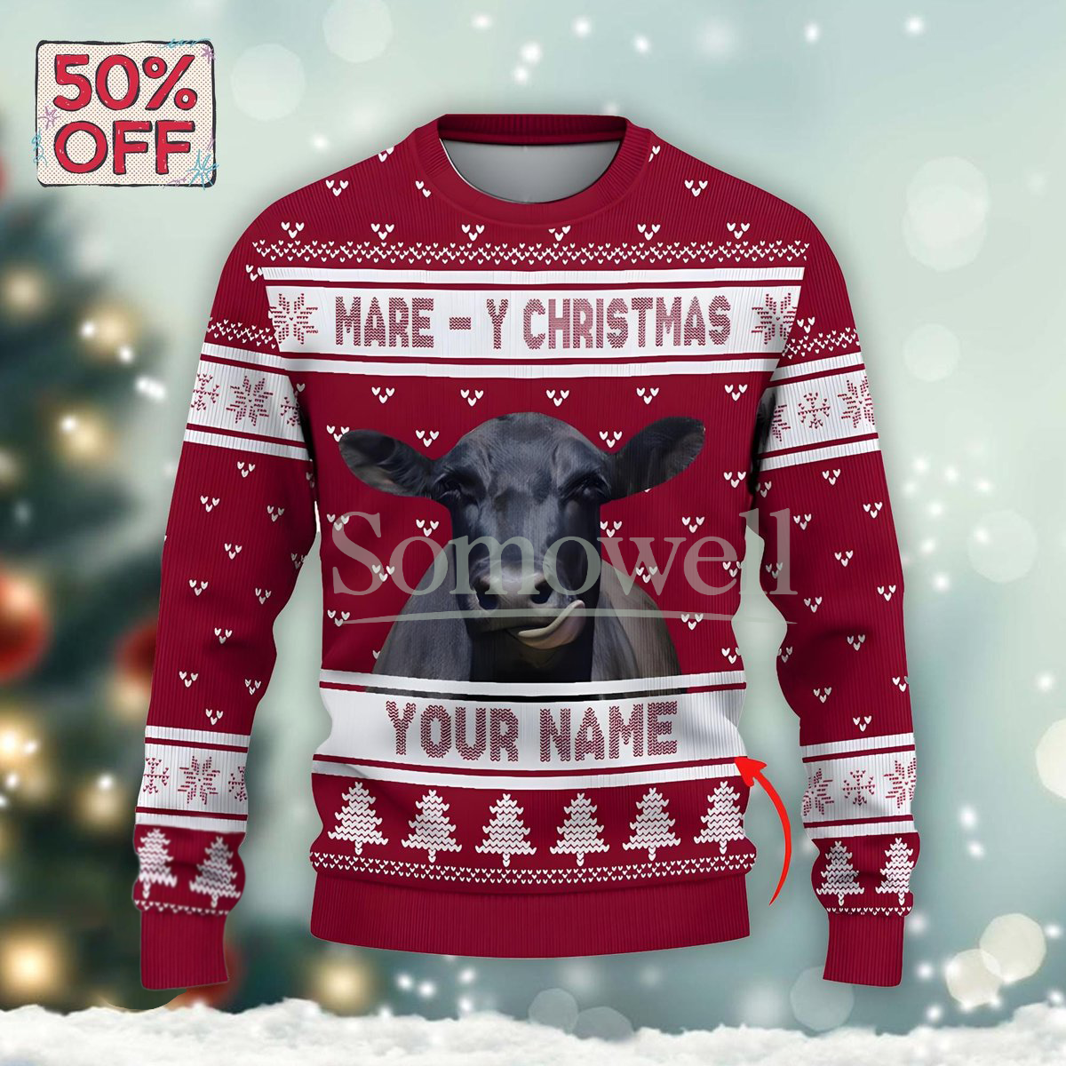 Black Angus Cow Red Ugly Christmas Sweater Personalized Custom Name Holiday Knit Jumper