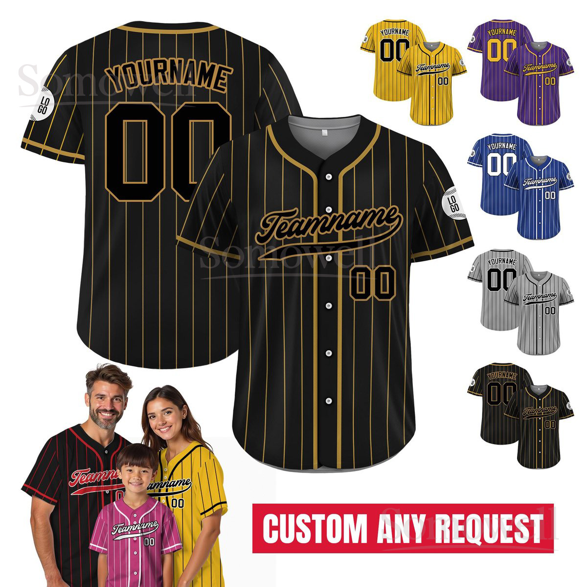 Personalized Button Down Jersey for Adult Youth Preschool Custom Team Name Number Matching Family Outfit Multi Color Edition