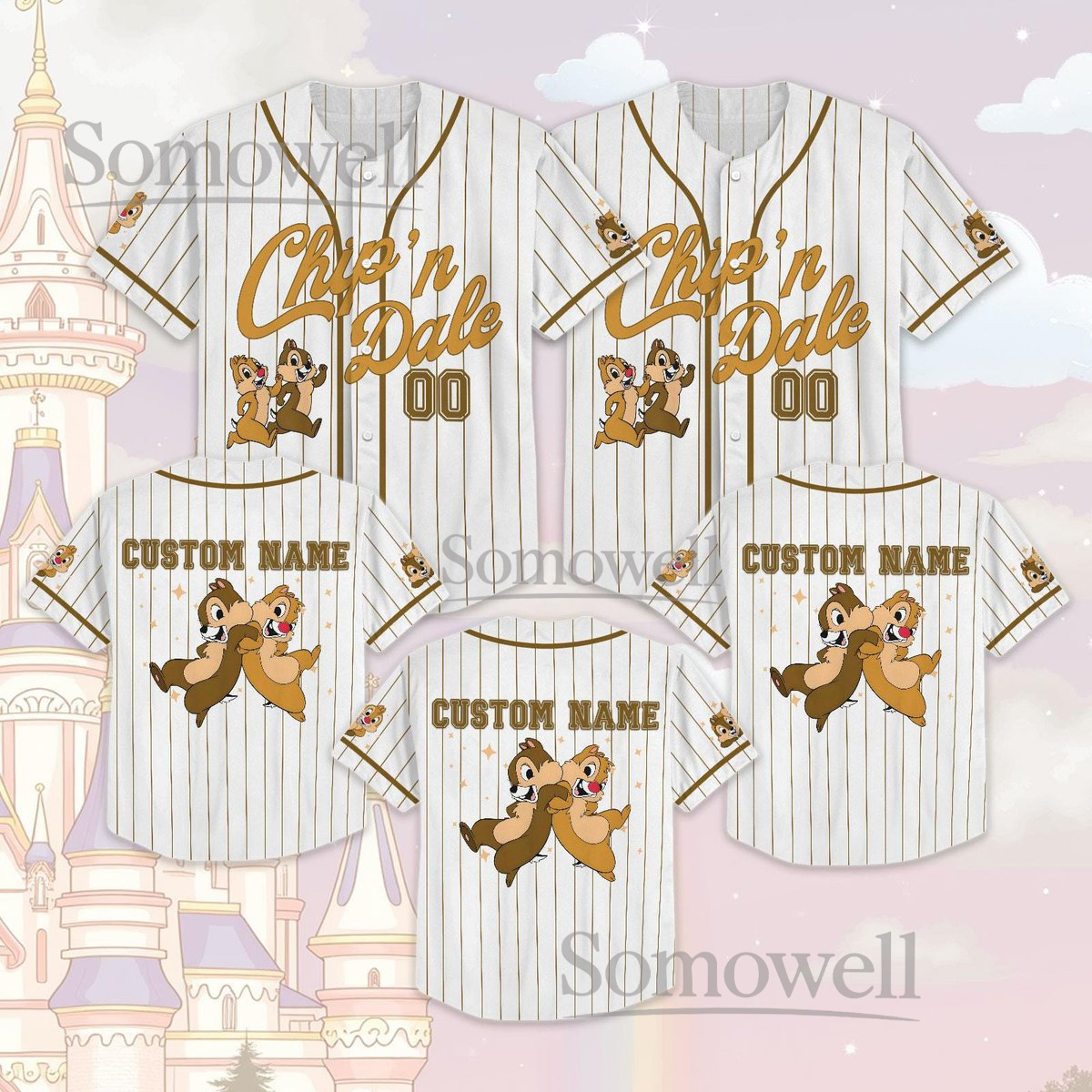 Personalized Chip and Dale Baseball Jersey Shirt Cute Cartoon Duo White Gold Striped Gift
