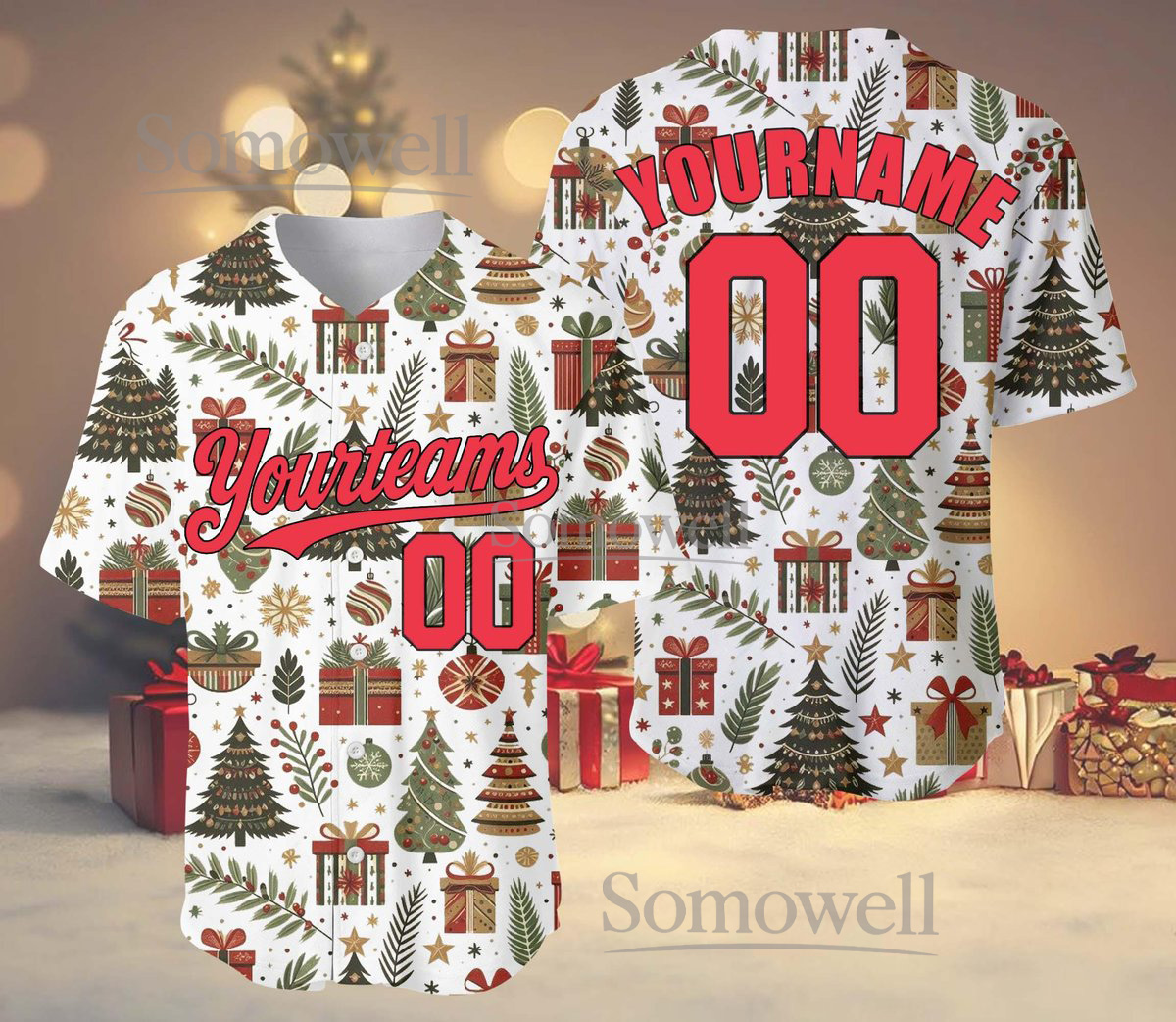 Personalized Christmas Baseball Jersey with Team Name, Number and Custom Name for Holidays