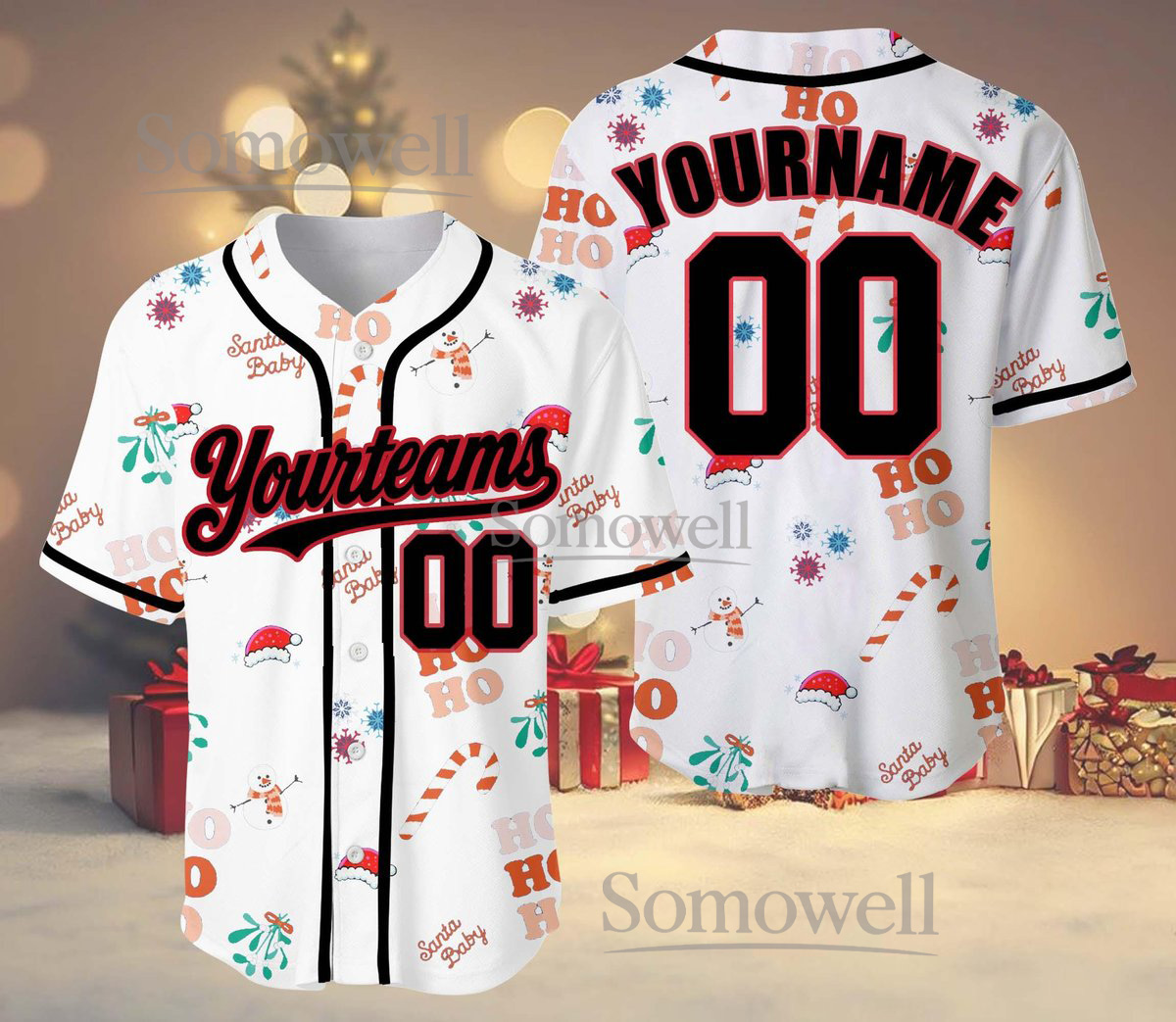 Personalized Christmas Baseball Jersey with Team Name, Number and Custom Name for Christmas Cheer