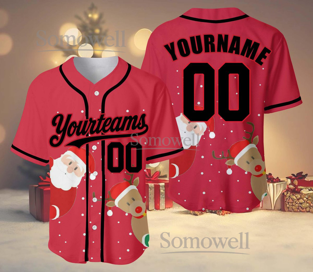 Personalized Christmas Baseball Jersey Santa Reindeer Holiday Design
