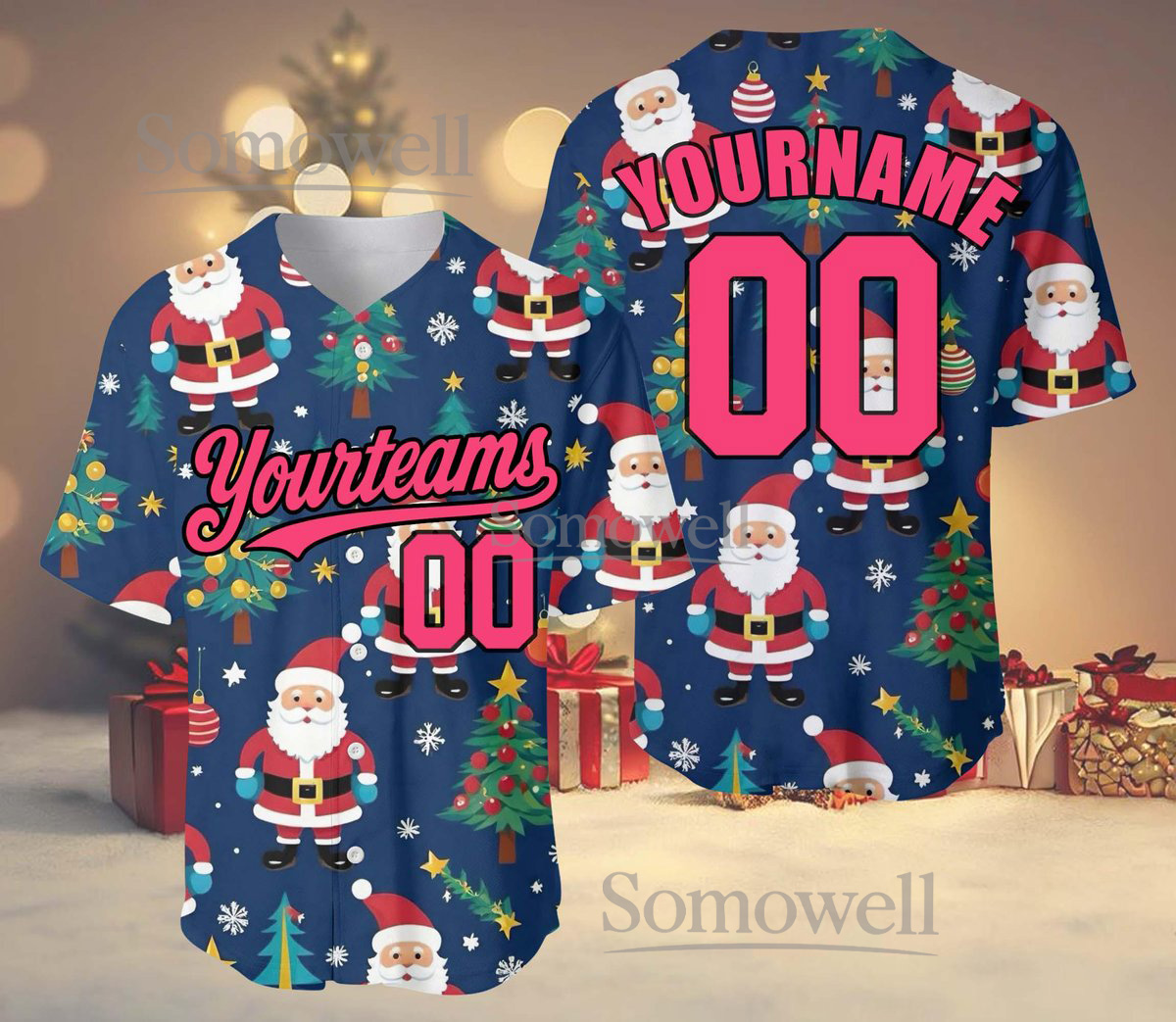 Personalized Christmas Baseball Jersey with Santa and Trees for Holiday Team Spirit