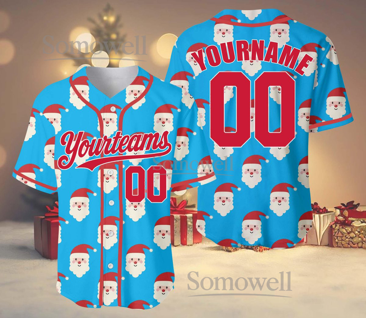 Custom Christmas Santa Baseball Jersey Team Name Number Blue Festive Edition Available in Multiple Colors