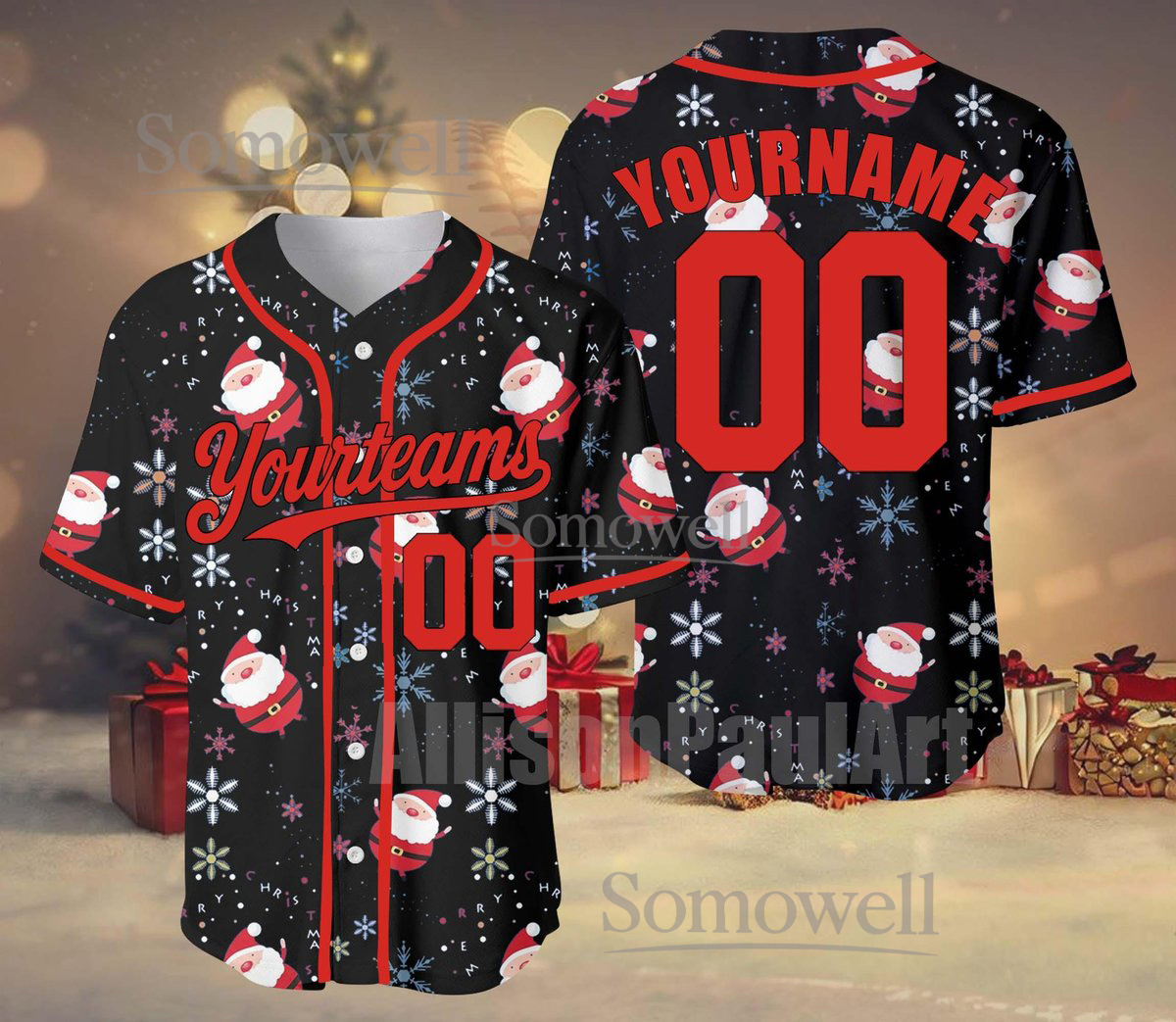 Custom Christmas Santa Baseball Jersey Team Name Number Black Snowflake Edition Available in Multiple Colors