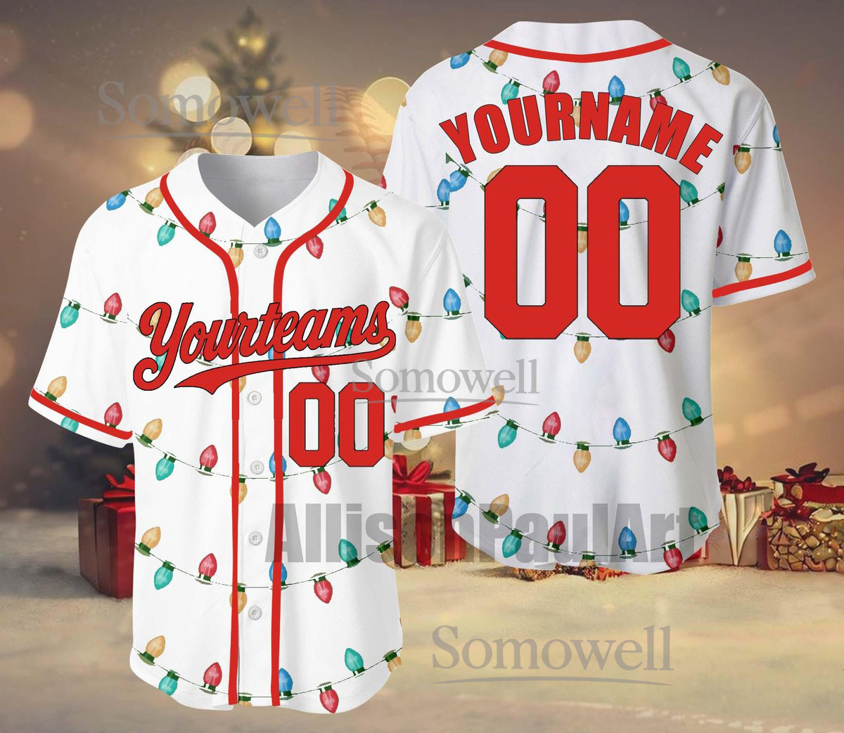 Custom Christmas Lights Baseball Jersey Team Name Number White Festive Edition Available in Multiple Colors