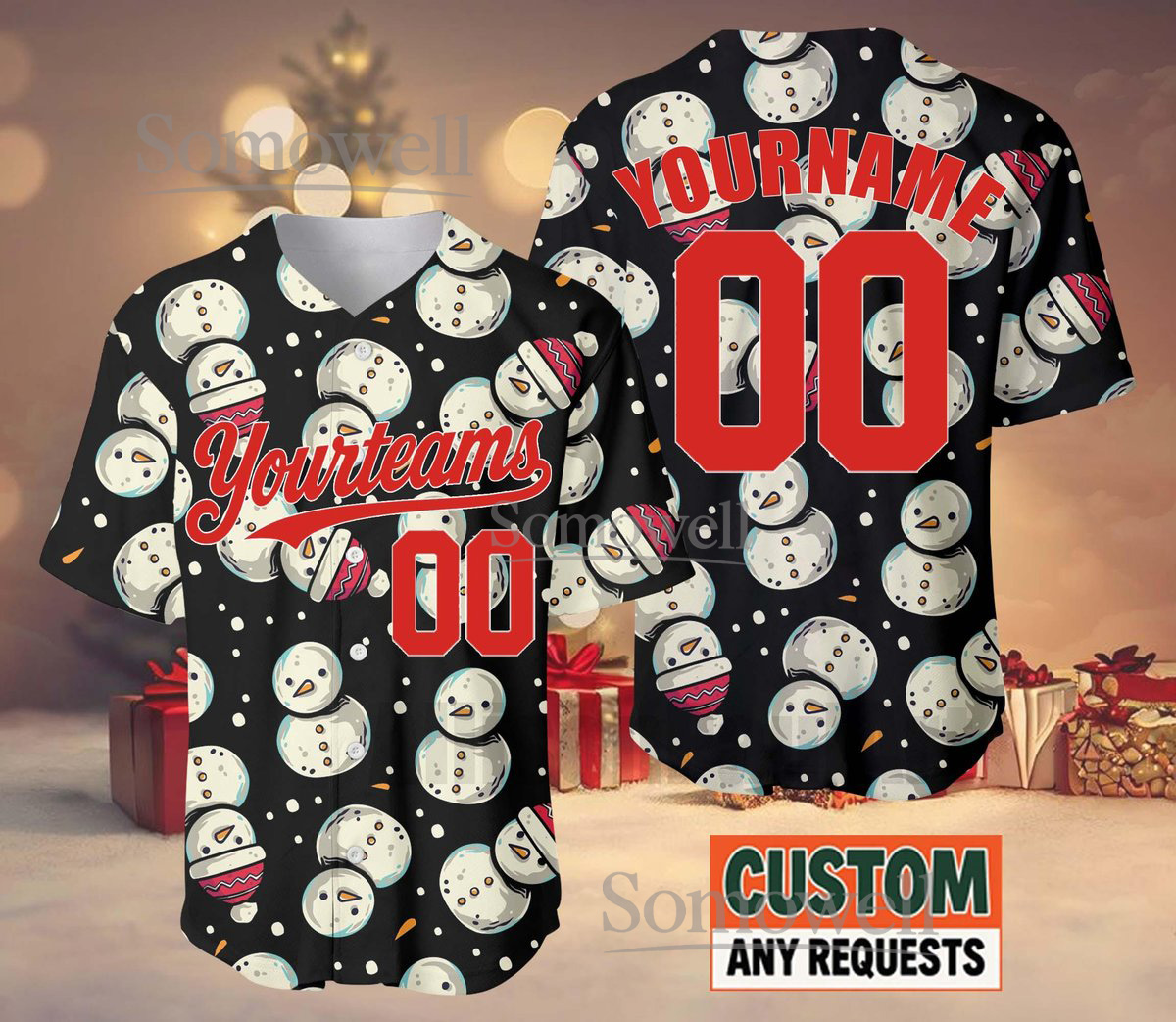 Custom Christmas Baseball Jersey Snowman Pattern Edition Available in Multiple Colors