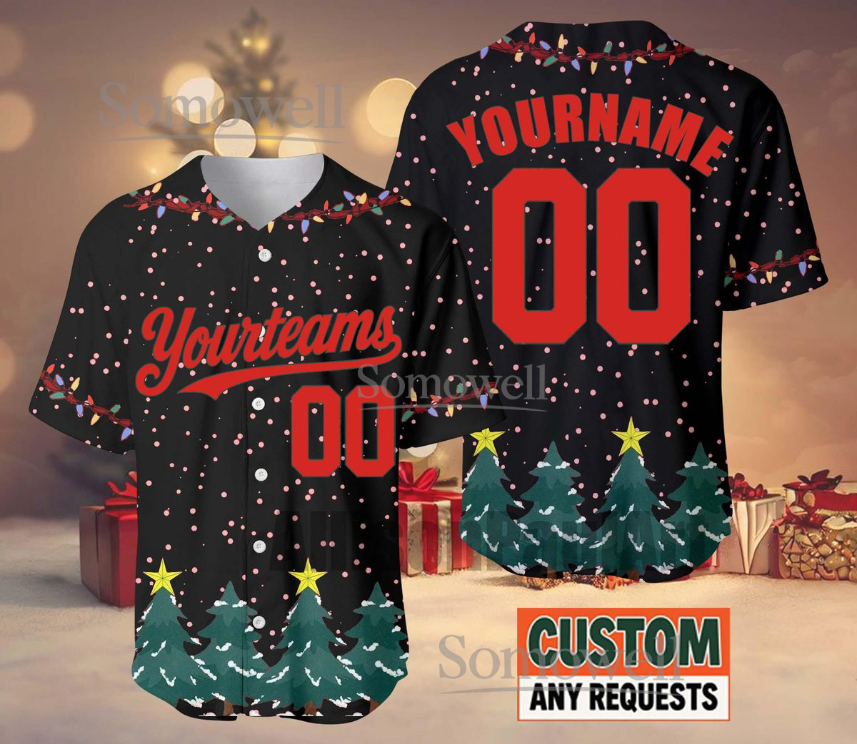 Custom Christmas Baseball Jersey Christmas Tree Lights Edition Available in Multiple Colors